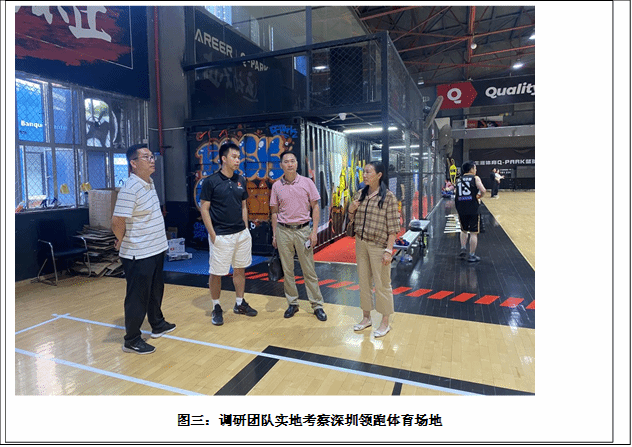 图二：调研团队在深圳市维港之星潜水有限公司与实习生、单位负责人交流, 图三：调研团队实地考察深圳领跑体育场地